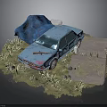 Abandoned Blue Car Surrounded By Overgrown Weeds And Stones On Weathered Ground