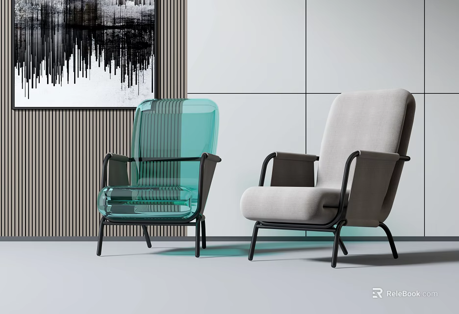 Stylish Leisure Chairs Featuring Transparent Green and Beige Fabric Design Black Metal Legs Modern Setting 3d model 
