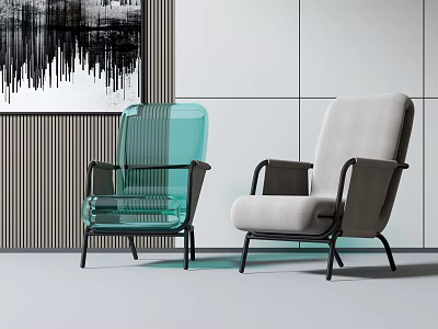 Stylish Leisure Chairs Featuring Transparent Green and Beige Fabric Design Black Metal Legs Modern Setting 3d model