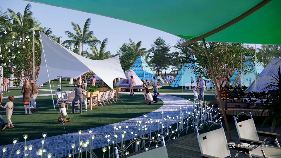 Camping Site With Green White Tents Palm Trees Lawn Decorative Lights Tables Chairs 3d model 