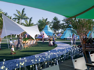 Camping Site With Green White Tents Palm Trees Lawn Decorative Lights Tables Chairs 3d model