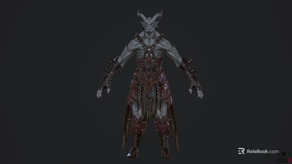 Fantasy Horned Demon Creature With Gray Skin And Red Spiked Armor In Tattered Clothing 3d model 