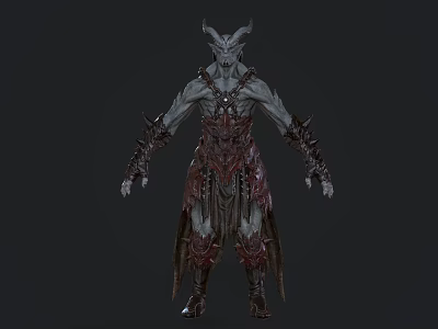 Fantasy Horned Demon Creature With Gray Skin And Red Spiked Armor In Tattered Clothing 3d model