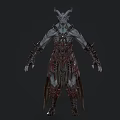 Fantasy Horned Demon Creature With Gray Skin And Red Spiked Armor In Tattered Clothing