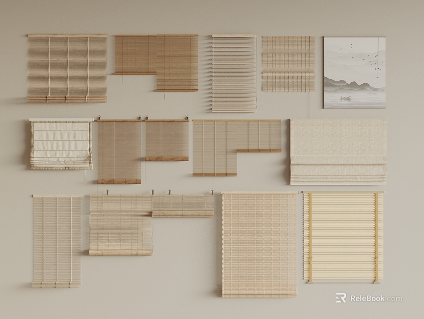 Various Types and Styles of Window Blinds in Neutral Colors and Materials 3d model 