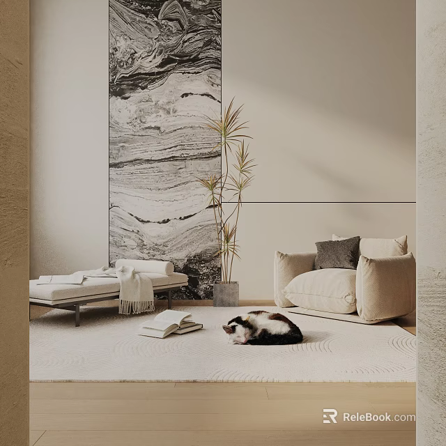 Beige Leisure Chair in Stylish Interior with White Rug Cat Plant and Marble Wall Art 3d model 