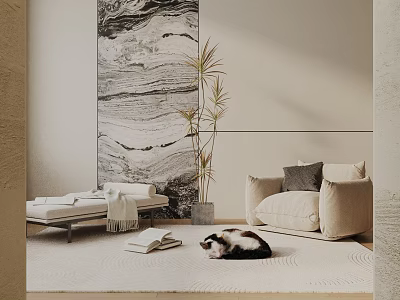 Beige Leisure Chair in Stylish Interior with White Rug Cat Plant and Marble Wall Art 3d model