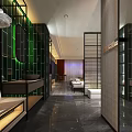 Modern Hotel Room Interior With Dark Green Walls Large Bed Wooden Flooring And Bedside Lamps