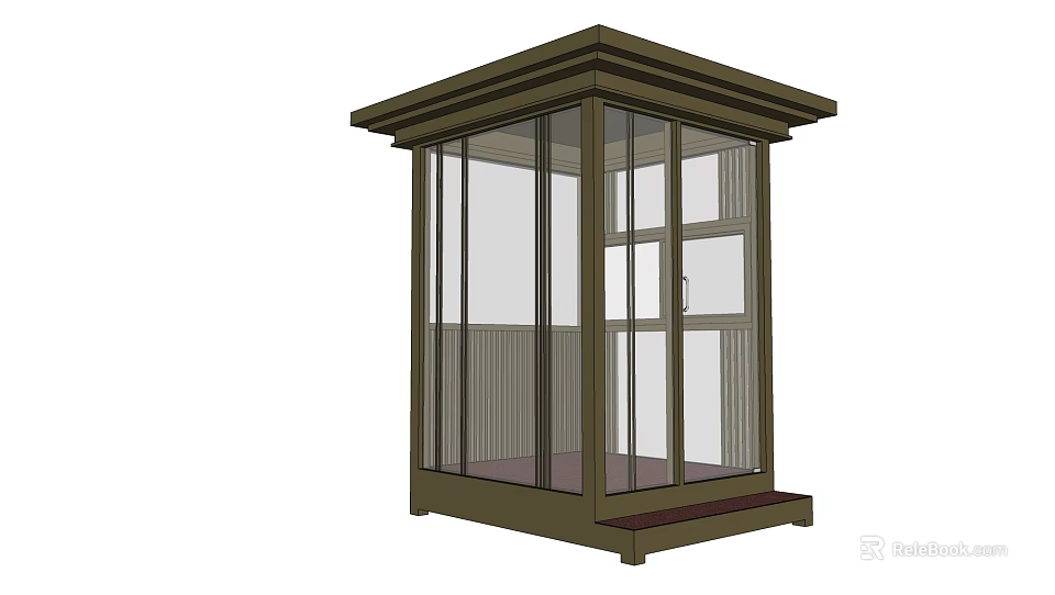Compact Enclosed Small Building With Glass Windows Brown Frame And Base Platform 3d model 