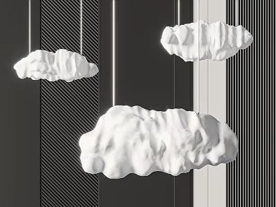 Three White Cloud Shaped Chandeliers Hanging Over Dark Striped Wall Interior Decor 3d model