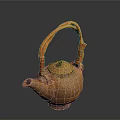 Handcrafted Teapot With Orange Woven Handle And Textured Brown Body