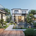 Modern Courtyard Garden Design With Pond Wooden Deck Green Plants Stone Pathway And Landscape Lighting
