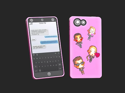 Pink Phone Case Featuring Cartoon Characters and Phone Screen with Text Messages 3d model