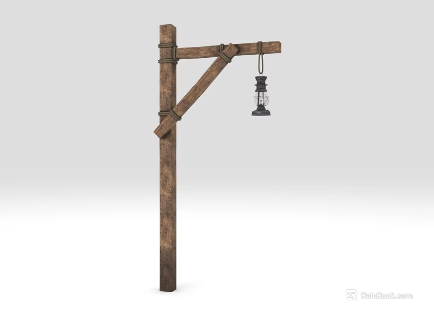 Rustic Outdoor Light with Wooden Pole and Crossbeam Hanging Lantern Fixture 3d model 