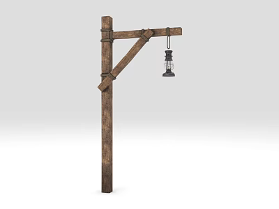 Rustic Outdoor Light with Wooden Pole and Crossbeam Hanging Lantern Fixture 3d model
