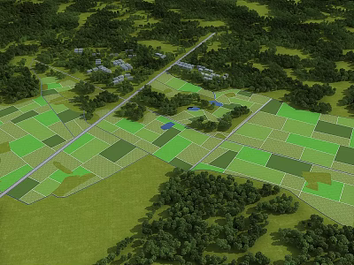Aerial View Of Green Landscape With Divided Farmlands And Surrounding Woodlands 3d model