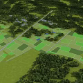 Aerial View Of Green Landscape With Divided Farmlands And Surrounding Woodlands