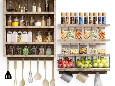 Spice Jars And Storage Containers On Wooden Kitchen Shelf With Hanging Utensils 3d model