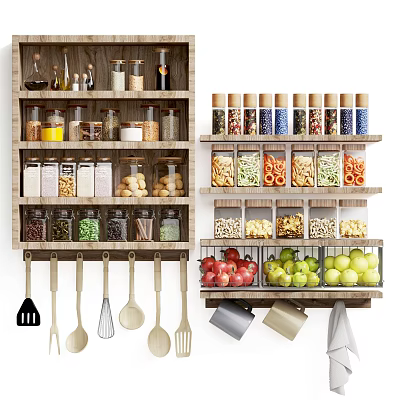 Spice Jars And Storage Containers On Wooden Kitchen Shelf With Hanging Utensils 3d model