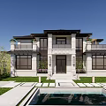 Two Story Chinese Style Detached Villa With Front Pool And Green Lawn