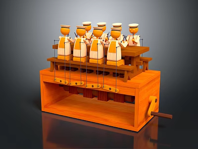 Multiple Wooden Dolls Wearing Uniforms and Hats on Mechanical Device with Levers and Drawers 3d model