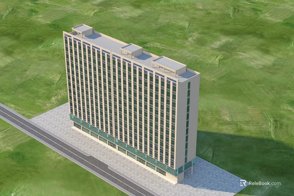 Aerial View Planning of Modern Multi Storey Building With Glass Base and Green Grassland Road 3d model 