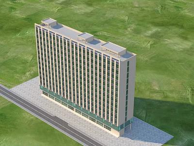 Aerial View Planning of Modern Multi Storey Building With Glass Base and Green Grassland Road 3d model