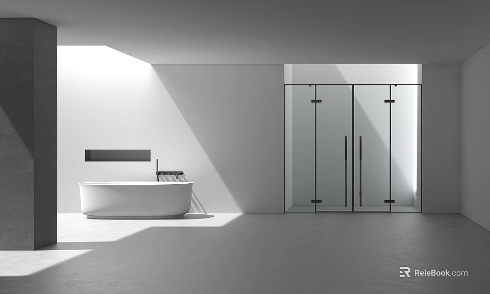 Modern Minimalist Bathroom Interior With White Bathtub And Glass Shower Enclosure 3d model 