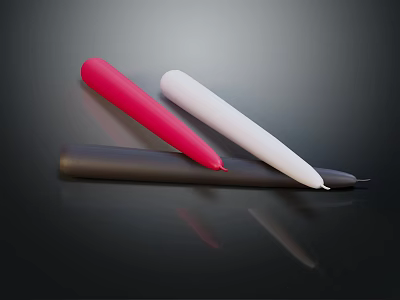 Three Colored Candle Lamps in Red White Black on Black Surface with Reflection 3d model