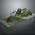Green Small Agricultural Vehicle With Seat Handle Trailer Loaded Cargo On Grass Dirt Platform