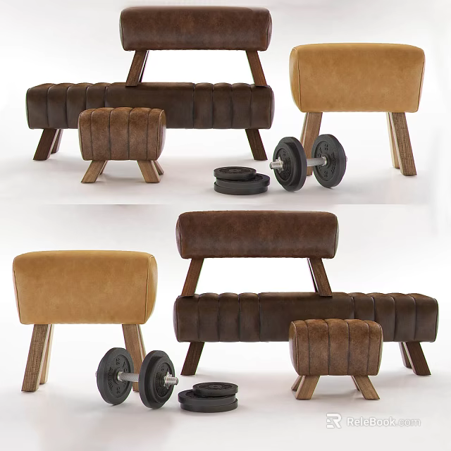 Brown And Beige Leather Ottomans With Wooden Legs And Dumbbells Weight Plates 3d model 