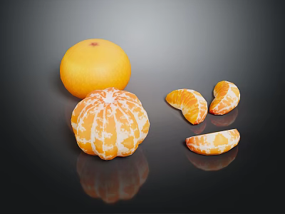 Fresh Tangerine Display With Whole Peeled Fruit And Segments On Black Reflective Background 3d model