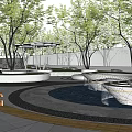 Modern Park Landscape With Lush Trees Circular Paths Green Lawn And Curved Benches