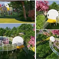 Outdoor Playground With White Spherical Structure Yellow Base Net Climbing Frames And Pink Flowering Trees 3d model