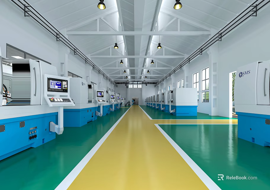 Spacious Factory Interior With Green Yellow Floor Blue Machinery White Ceiling And Multiple Machines 3d model 