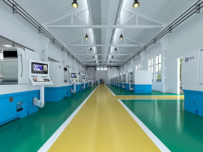 Spacious Factory Interior With Green Yellow Floor Blue Machinery White Ceiling And Multiple Machines 3d model