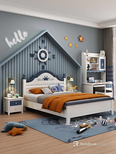Nautical Themed Kids Bed with Compass Headboard Star Decals Nightstand Study Desk Blue White 3d model 