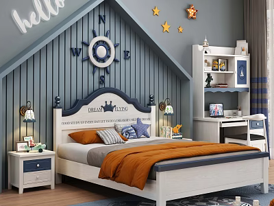 Nautical Themed Kids Bed with Compass Headboard Star Decals Nightstand Study Desk Blue White 3d model