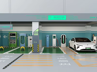 Modern Electric Vehicle Parking Lot With Charging Stations And Green Flooring 3d model