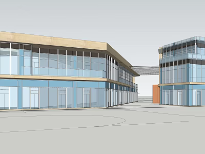 Modern Commercial Street Featuring Glass Facades Metal Frames And Pedestrian Area 3d model