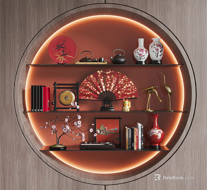 Traditional Style Decorative Ornament Combination On Circular Illuminated Shelf With Fan Vase And Books 3d model 