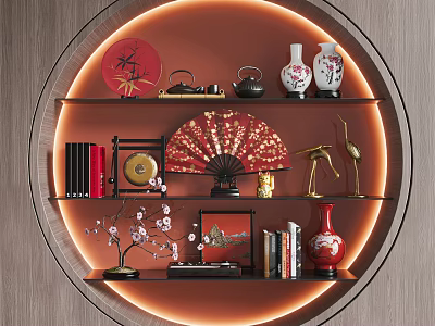 Traditional Style Decorative Ornament Combination On Circular Illuminated Shelf With Fan Vase And Books 3d model