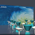 Bar Setting With Blue Wave Background Wall Blue White Bar Stools And Dot Floor Decorations 3d model