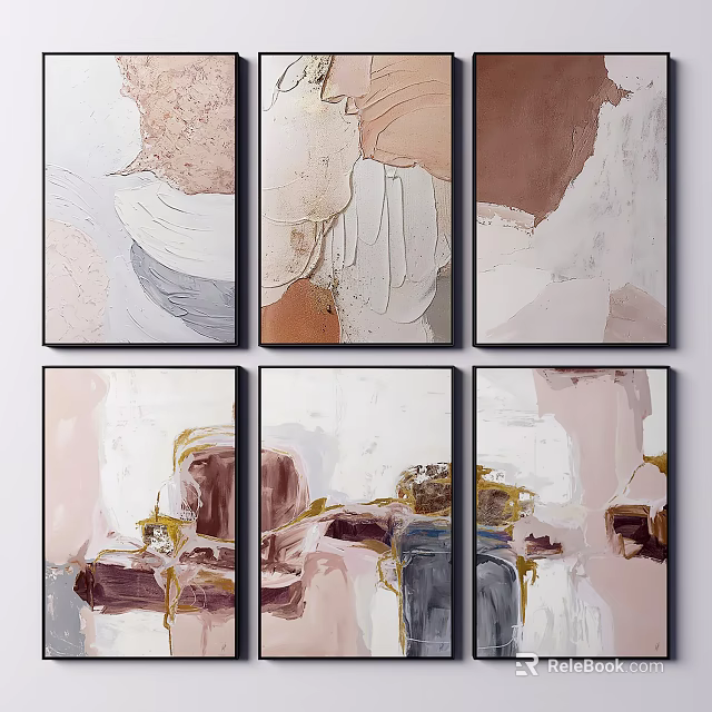 Modern Abstract Wall Art Paintings With Pink Brown Beige And Gold Tones 3d model 
