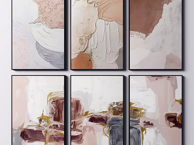 Modern Abstract Wall Art Paintings With Pink Brown Beige And Gold Tones 3d model