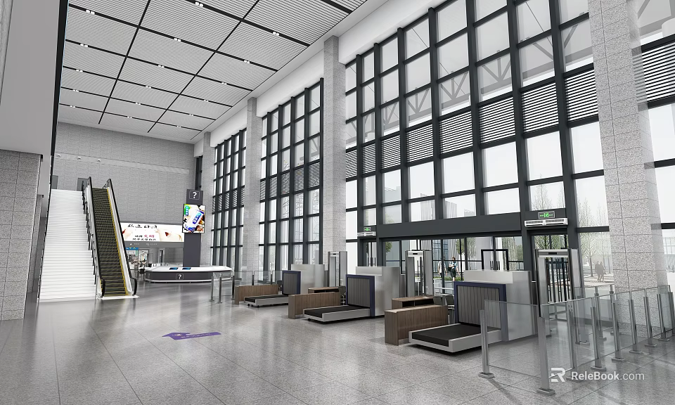 Modern Train Station Interior With Escalators Security Gates Large Glass Windows And Spacious Hall Design 3d model 