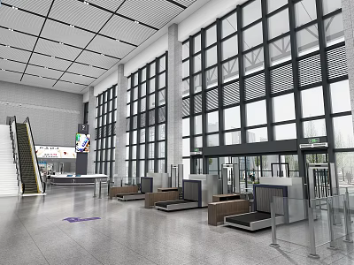 Modern Train Station Interior With Escalators Security Gates Large Glass Windows And Spacious Hall Design 3d model