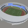 Modern Circular Stadium Design With Green Football Field Red Track Blue Stands And White Roof