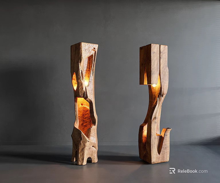 Natural Wooden Floor Lamps With Irregular Shape And Warm Illuminated Light For Interior Decor 3d model 