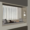 Cozy Bay Window Interior With Cushioned Seat Bookshelves And Soft Curtains